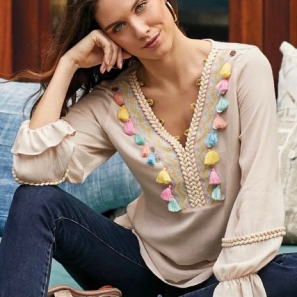 Soft Surroundings Clemetine Embroidered Tassel Tunic Size Medium